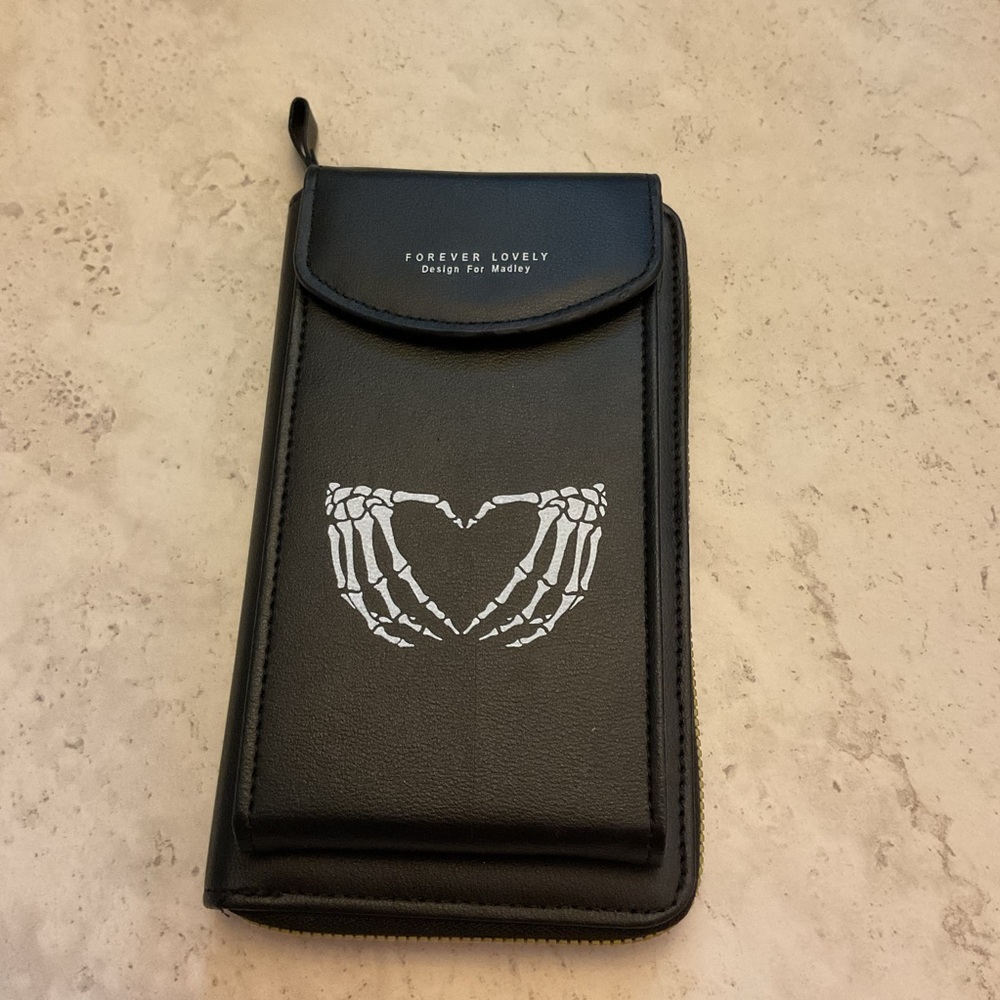 Forever Lovely, Design by Madley, Black Goth Skeleton Wallet/crossbody/cell ph